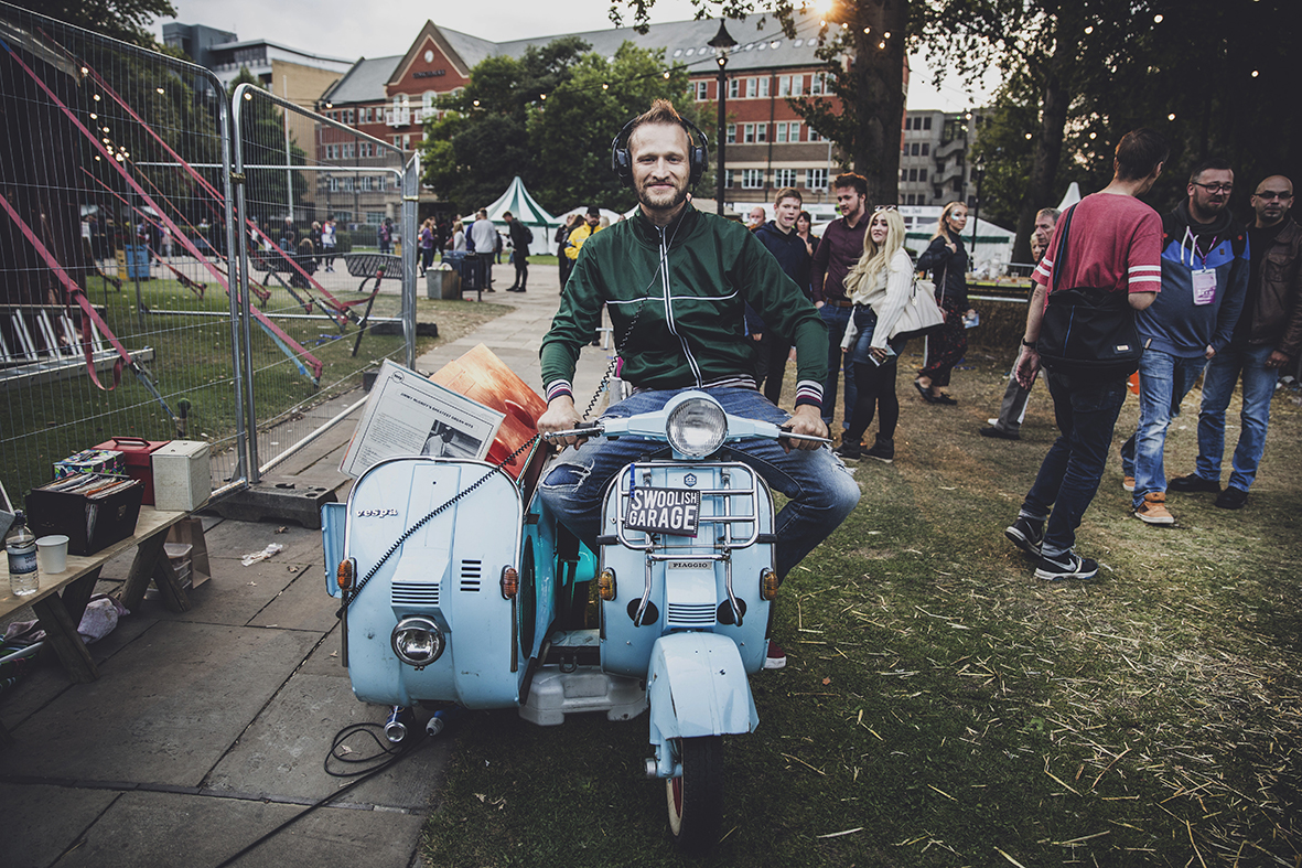 MAN ON THE SWOOLISH GARAGE MOTORBIKE  THE FOOTHBATH TERRACE&VESPAUDIO SWOOLISH  FREEDOM FESTIVAL 2017
